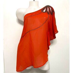 Camille La Vie One Shoulder Orange Blouse Draped Beaded Top Women Size Large